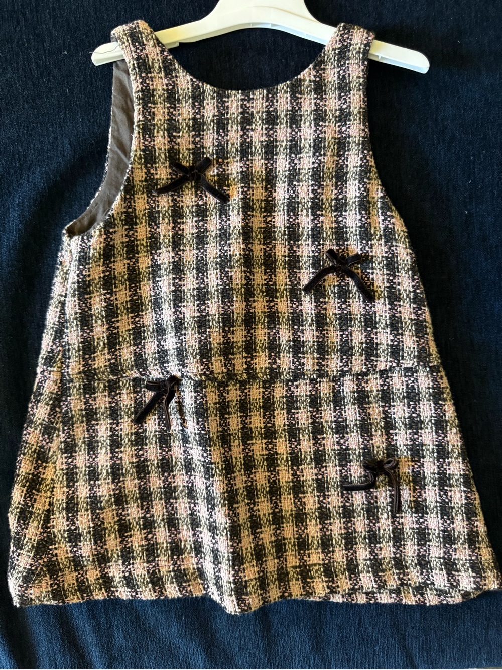 ZARA Girls Pink and Black Tweed Pinafore Dress with Velvet Bows